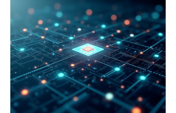 API arhitektūras diagramma ar saistītiem mezgliem, kas simbolizē integrācijas un datu plūsmu starp dažādām sistēmām, vizuāli uzsverot mērogojamību un drošību.