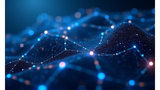 Blockchain tīkla vizualizācija ar savienotām virsotnēm, kas attēlo datu integritāti un drošību.