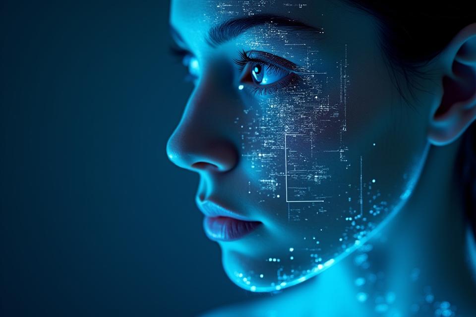 Cilvēka seja, ko skenē digitāls rastrs, kas simbolizē biometrisko verifikāciju