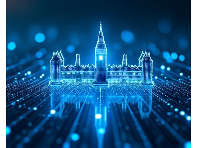 Stilizēts digitāls tīkls ar drošības vairogiem un valdības ēku siluetiem fonā