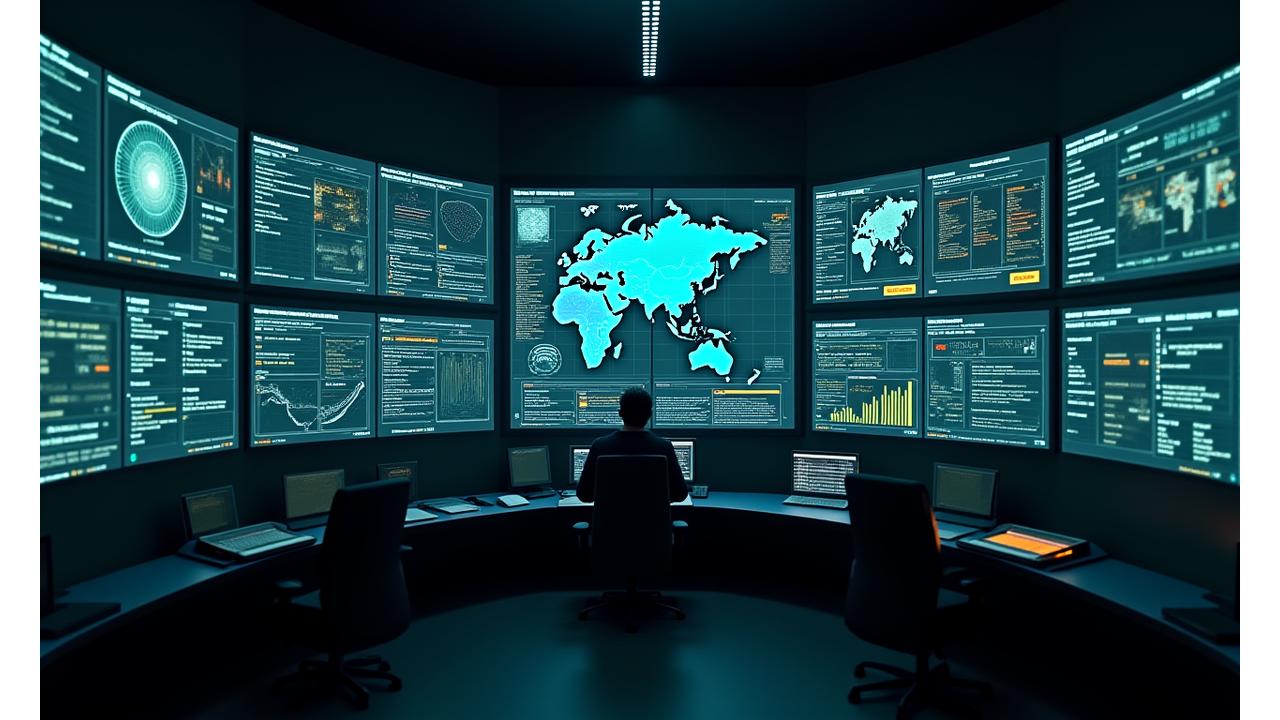 SOC (Security Operations Center) vadības panelis ar reāllaika draudu karti un datu plūsmām