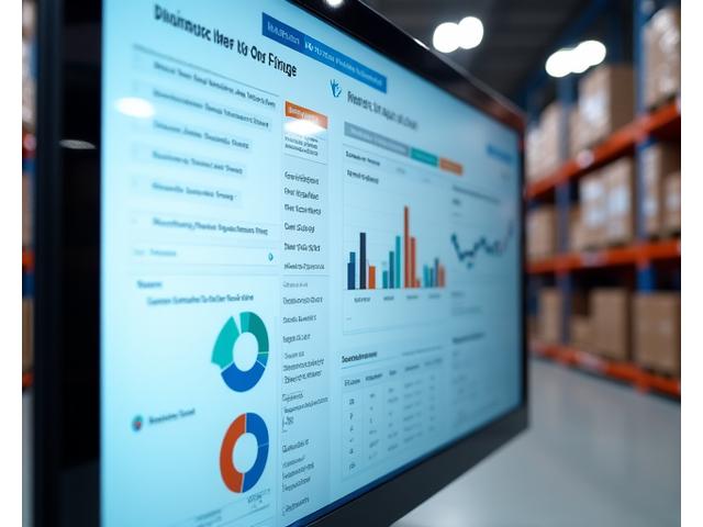 Digitāls informācijas panelis, kas attēlo reāllaika krājumu līmeņus un automatizētas darba plūsmas noliktavā.