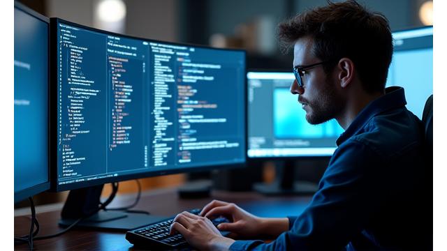 Programmatūras izstrādātājs, kurš kodē pie vairākiem monitoriem